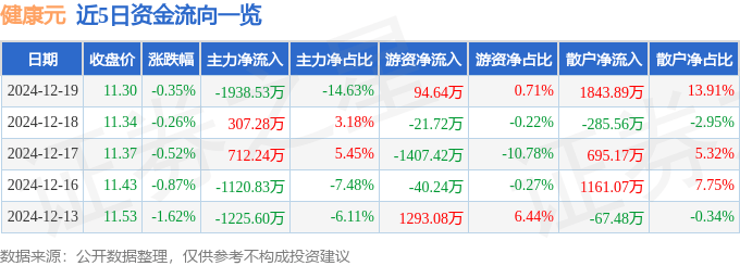 股票行情快报：健康元（600380）12月19日主力资金净卖出1938.53万元