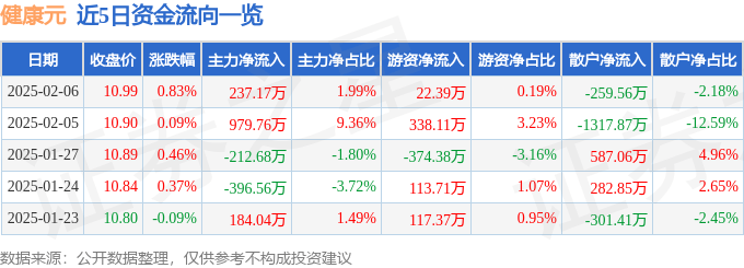 股票行情快报：健康元（600380）2月6日主力资金净买入237.17万元