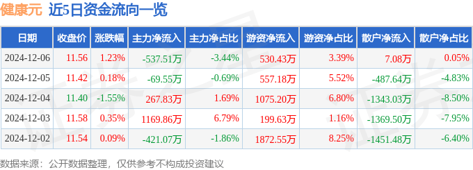 股票行情快报：健康元（600380）12月6日主力资金净卖出537.51万元