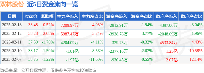 股票行情快报：双林股份（300100）2月13日主力资金净买入7209.97万元