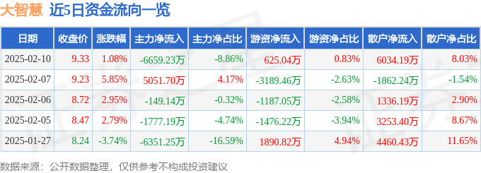 股票行情快报：大智慧（601519）2月10日主力资金净卖出6659.23万元