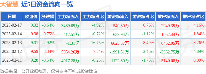 股票行情快报：大智慧（601519）2月17日主力资金净卖出3489.69万元