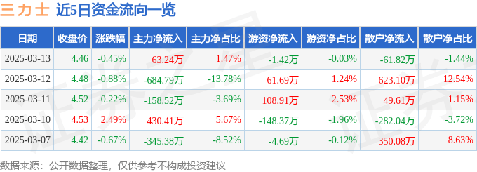 股票行情快报：三力士（002224）3月13日主力资金净买入63.24万元