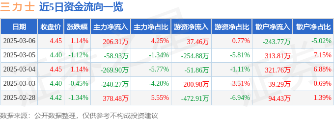 股票行情快报：三力士（002224）3月6日主力资金净买入206.31万元