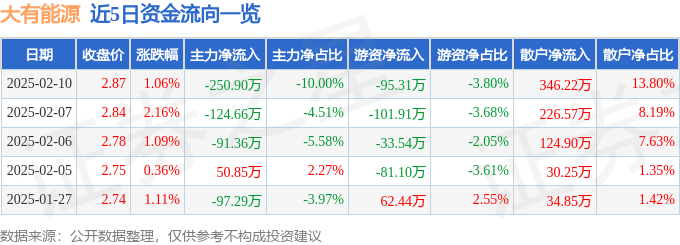 股票行情快报：大有能源（600403）2月10日主力资金净卖出250.90万元