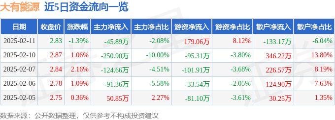 股票行情快报：大有能源（600403）2月11日主力资金净卖出45.89万元