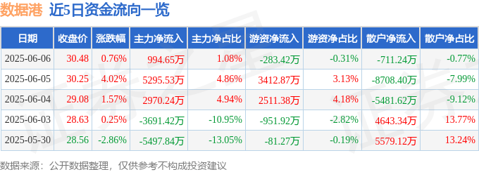 股票行情快报：数据港（603881）6月6日主力资金净买入994.65万元