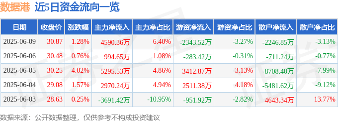 股票行情快报：数据港（603881）6月9日主力资金净买入4590.36万元