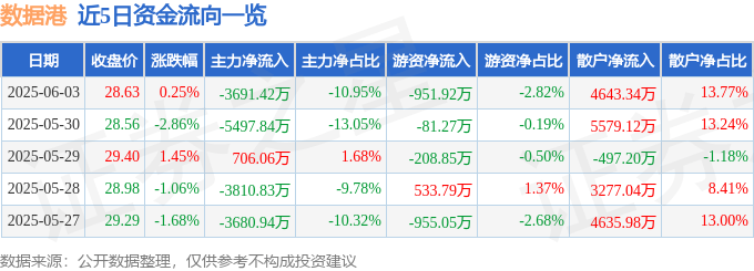 股票行情快报：数据港（603881）6月3日主力资金净卖出3691.42万元