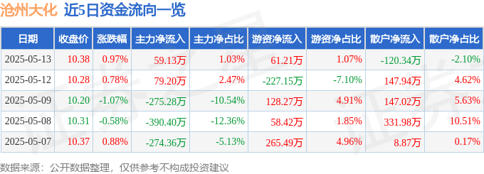 股票行情快报：沧州大化（600230）5月13日主力资金净买入59.13万元