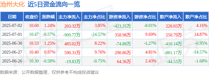 股票行情快报：沧州大化（600230）7月2日主力资金净买入203.32万元