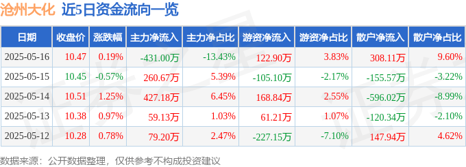 股票行情快报：沧州大化（600230）5月16日主力资金净卖出431.00万元