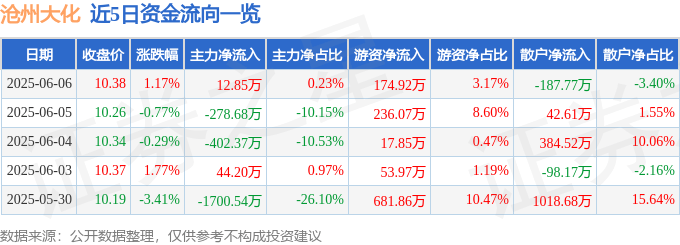 股票行情快报：沧州大化（600230）6月6日主力资金净买入12.85万元