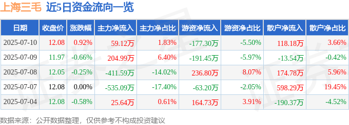 股票行情快报：上海三毛（600689）7月10日主力资金净买入59.12万元