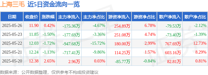 股票行情快报：上海三毛（600689）5月26日主力资金净卖出175.36万元