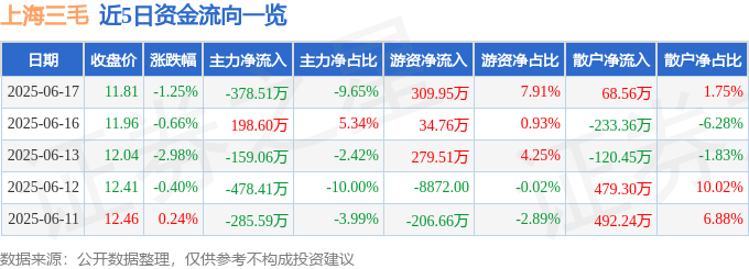 股票行情快报：上海三毛（600689）6月17日主力资金净卖出378.51万元