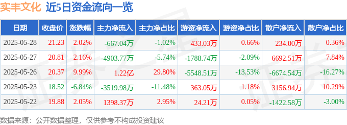 实丰文化（002862）5月28日主力资金净卖出667.04万元