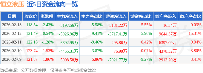 股票行情快报：恒立液压（601100）2月13日主力资金净卖出3197.56万元